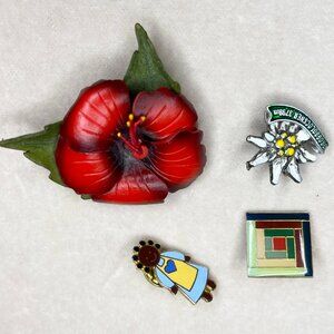 Vintage Pin Lot Red Flower Brooch, Edelweiss Pin, Enamel Art Pin & Folk Doll Pin